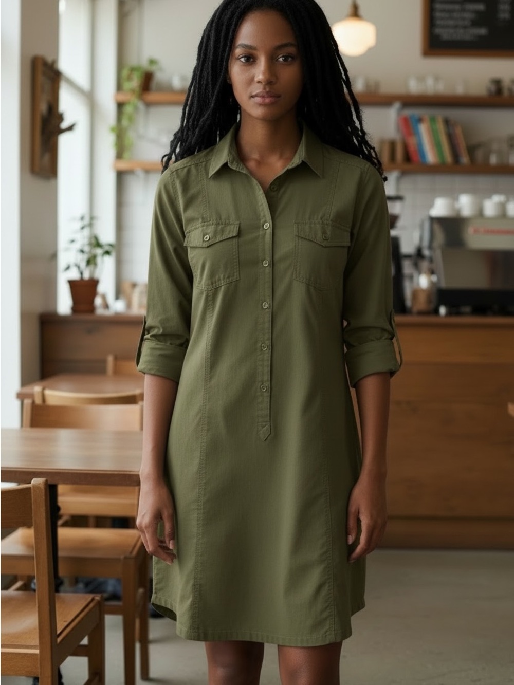 Eddie Bauer Olive Utility Shirt Dress